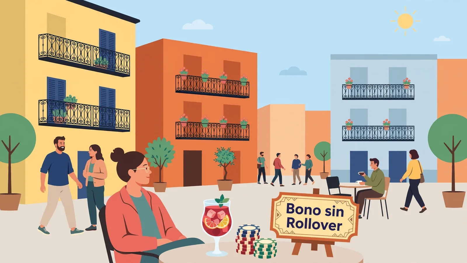 Plaza en Madrid con gente, café, y fichas de casino bajo luz solar