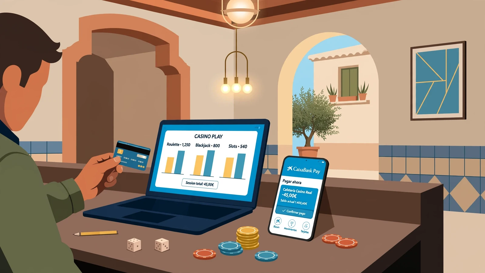 Interior de casino español con computadora, teléfono y aplicación CaixaBank Pay