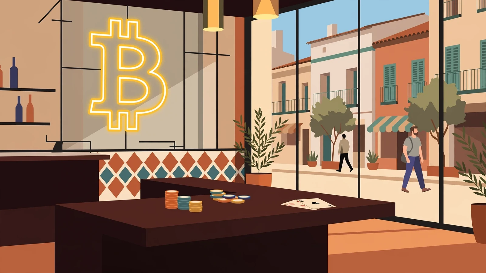 Interior de casino con símbolos de criptomonedas y luz cálida