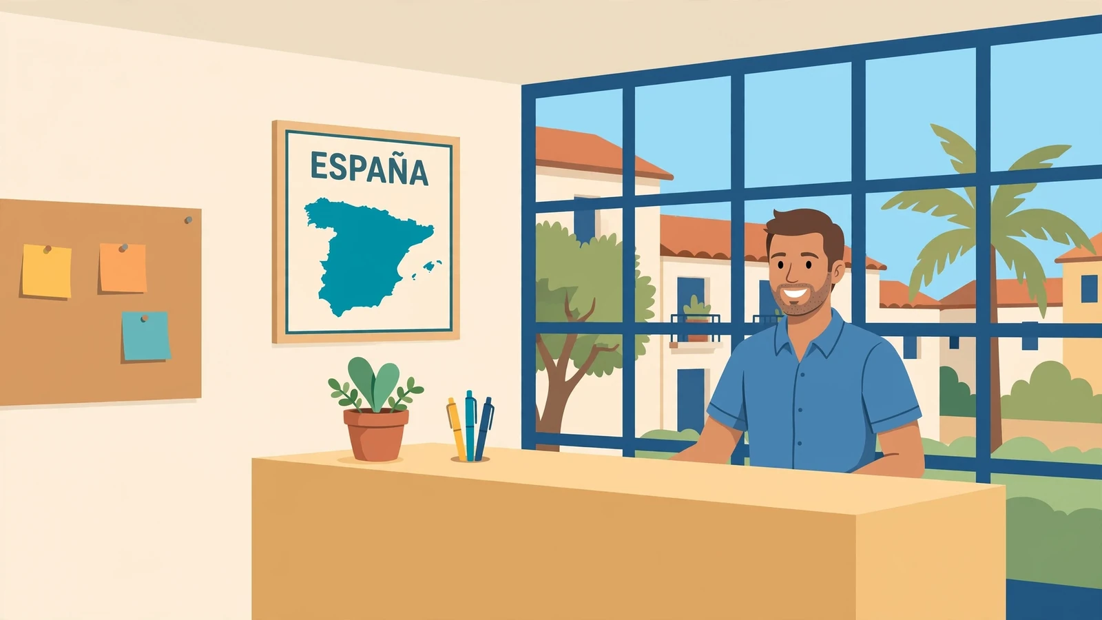 Escena de oficina española con personal amable y mapa de España al fondo