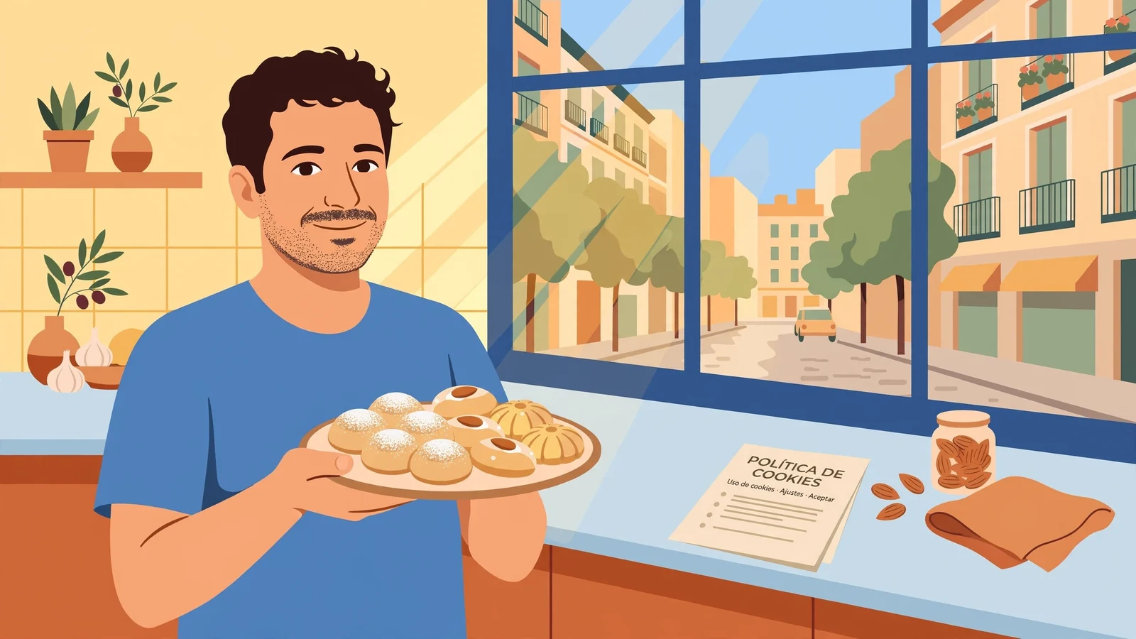 Chef con galletas tradicionales en cocina española iluminada.