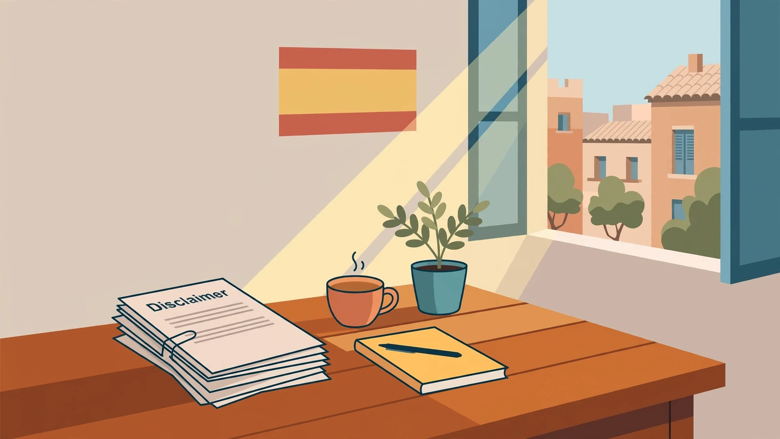 Escena de oficina española con documentos de exención de responsabilidad.