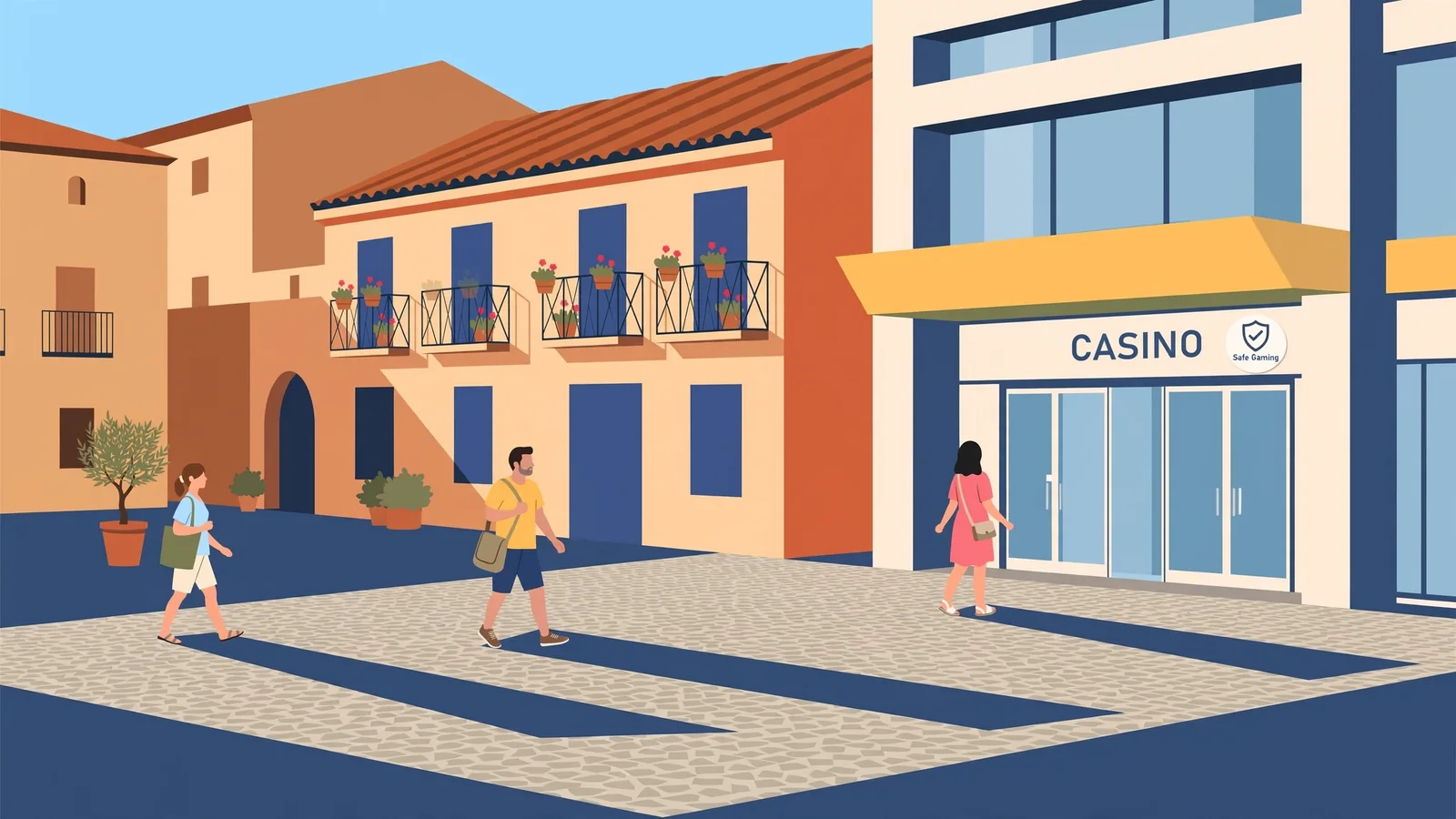 Plaza española con casino y sello de juego seguro bajo luz de tarde