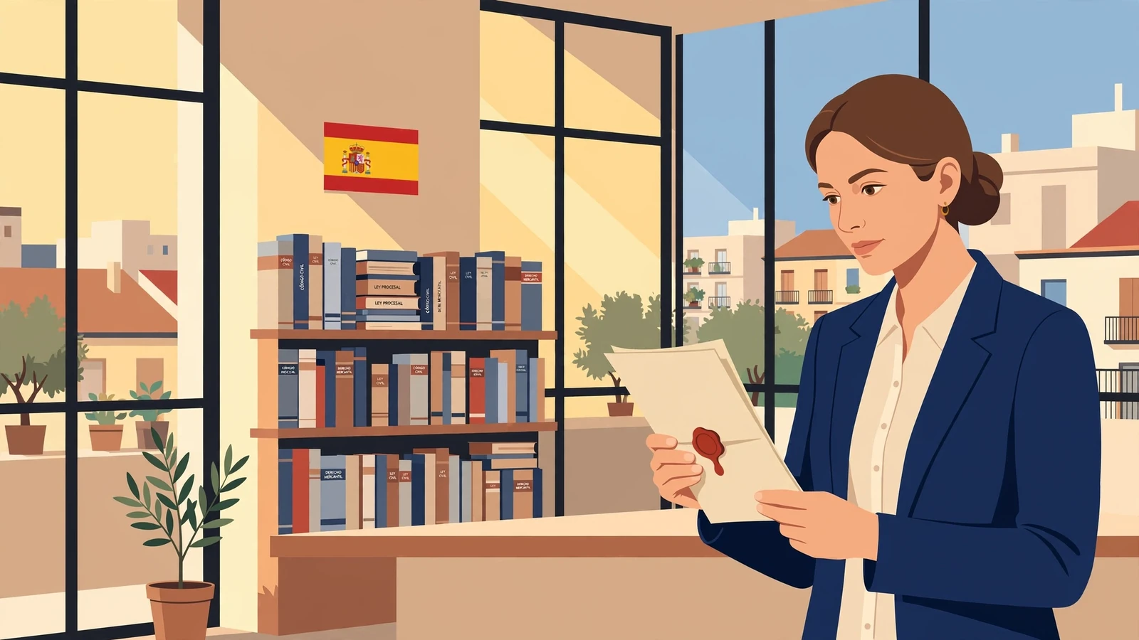 Abogado español con documento legal en oficina moderna