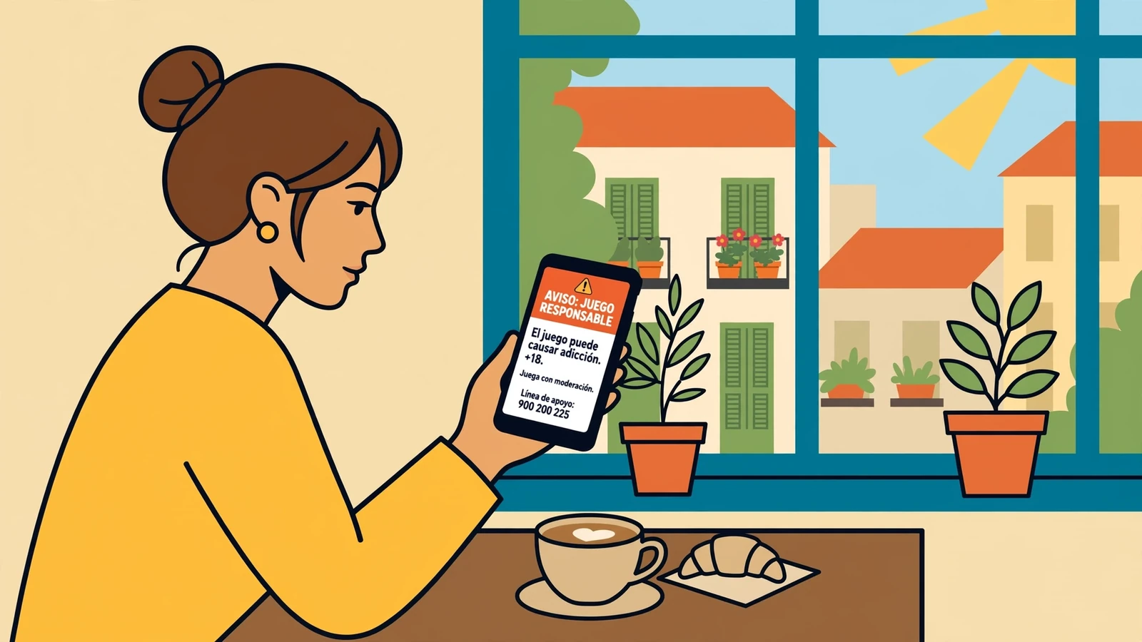 Mujer española en café mirando advertencia de juego responsable