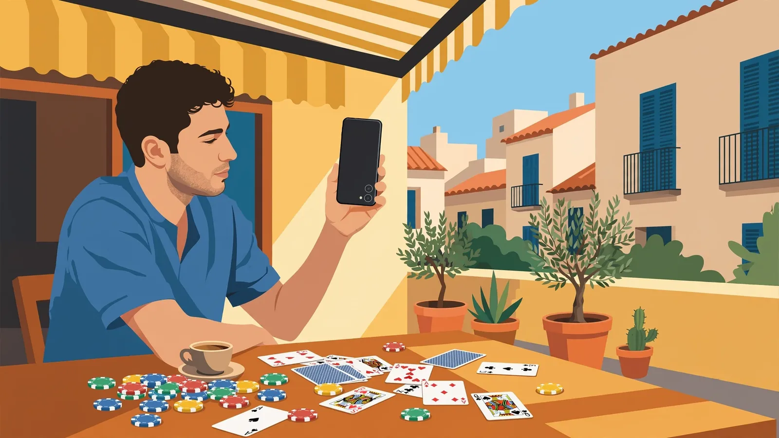 Joven con smartphone Android y fichas de casino en terraza de Barcelona