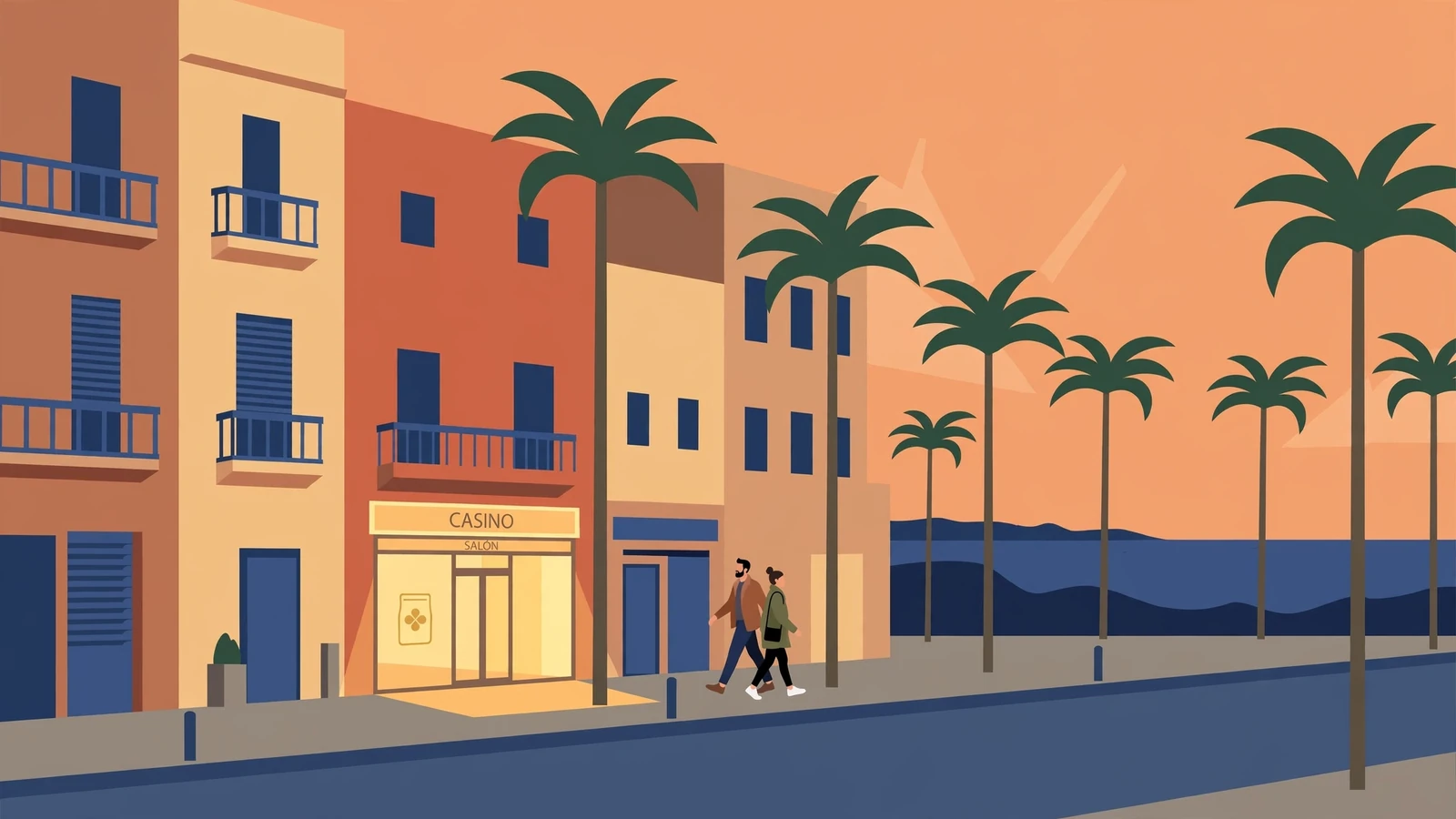 Calle española al atardecer con señal de casino legal.
