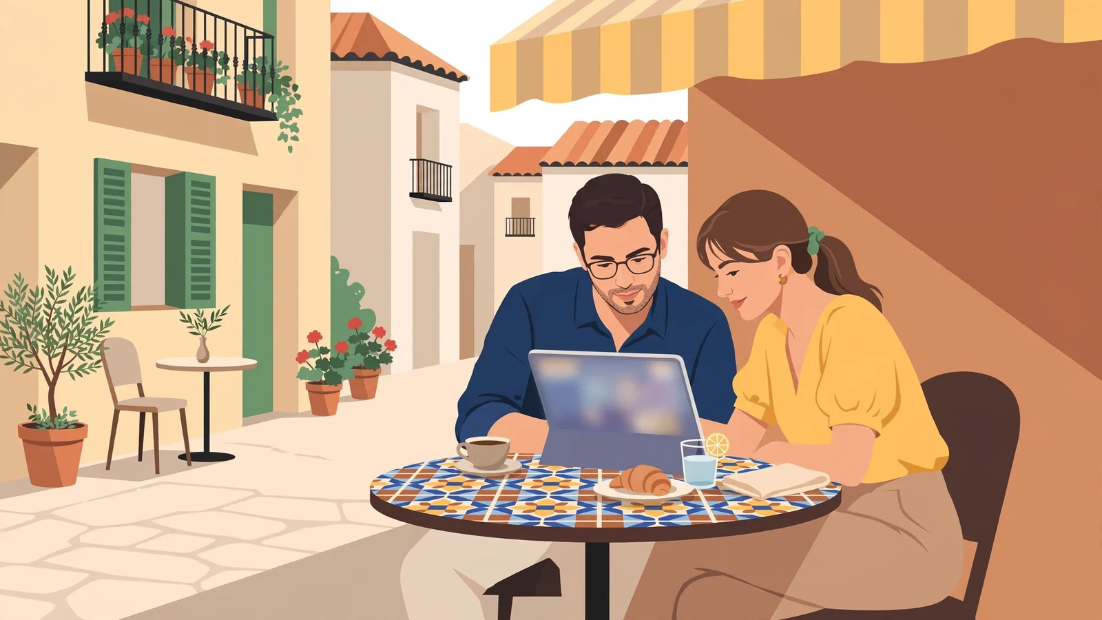 Pareja joven en café de Madrid mirando juego de casino en tablet, luz cálida de la tarde