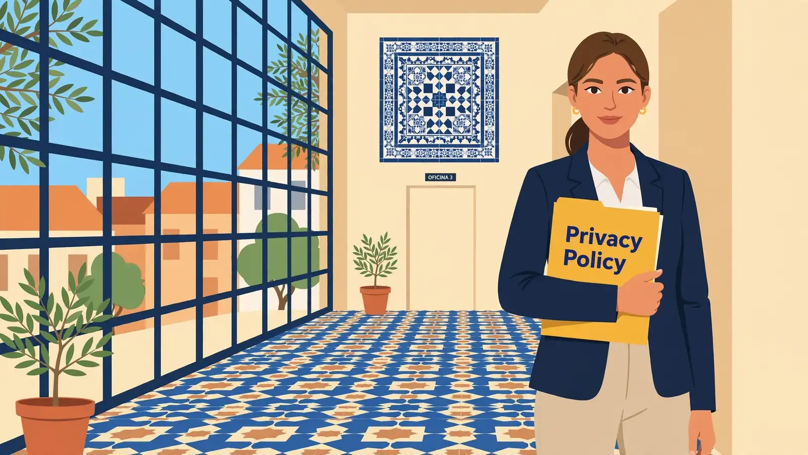Joven profesional en pasillo de oficina con carpeta de política de privacidad.