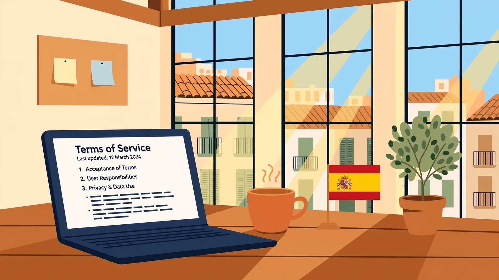 Escritorio con laptop abierto mostrando términos, taza de café y bandera española bajo luz cálida